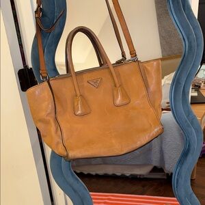 Prada Brown Leather Tote with Top Handles and Shoulder Strap
